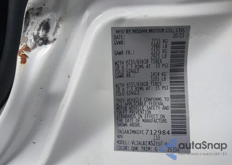 2015 Nissan Pathfinder S z USA, uszkodzony, nr VIN 5N1AR2MN1FC712984